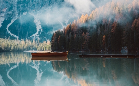 Mountain lake - lake, reflection, forest, mountain, boat