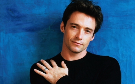 Hugh Jackman - face, hugh jackman, man, blue, hand, actor, black