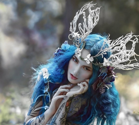 Nymph - a m lorek, blue, girl, flower, nymph, fantasy, white, woman, model