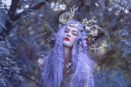 Nymph - a m lorek, blue, girl, nymph, fantasy, purple, woman, model, face