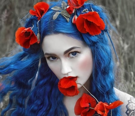 Beauty - woman, girl, model, face, red, blue, a m lorek, mac, flower, poppy