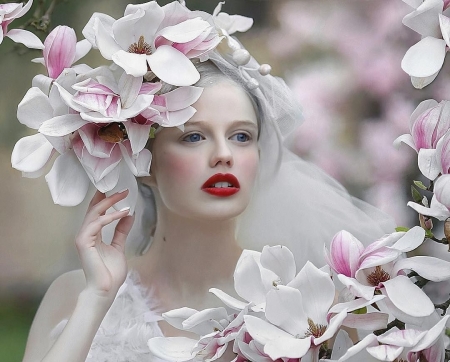 Beauty - woman, girl, magnolie, model, white, face, pink, a m lorek, flower