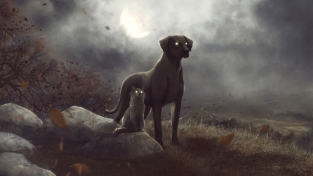 A night in the lonsome october - black, viaestelar, fantasy, pisici, dog, caine, cat