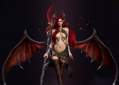 Succubus - redhead, girl, wings, fantasy, horns, lee gyeongho, luminos, bat, demon