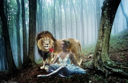 Beauty and the beast - dancer, girl, lion, leu, rose, fantasy, forest, luminos, red, ballerina, flower