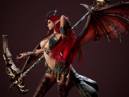 Succubus - bat, girl, horns, fantasy, redhead, wings, lee gyeongho, luminos, demon