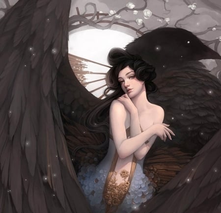 Angel - wings, fantasy, lange, dark, luminos, girl, angel