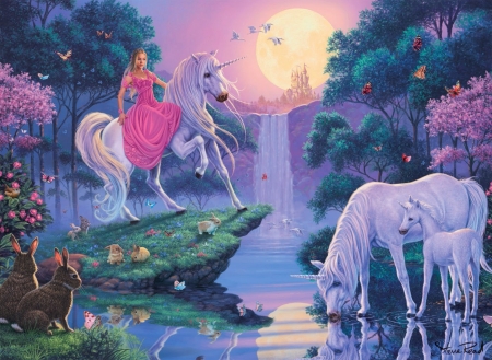 Princess, Riding Her Unciorn - arts, fantasy, pink, unicorn