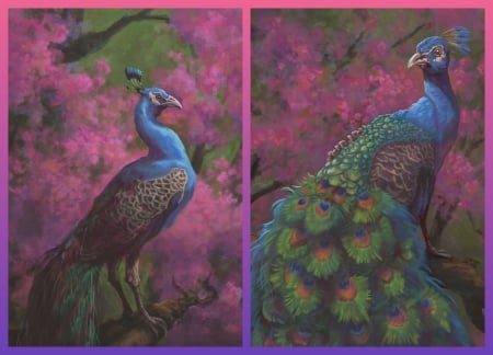 Peacocks - paun, bird, blue, blossom, collage, feather, spring, flower, pink, pasari, fantasy, peacock, green, arthur bowling, art, luminos