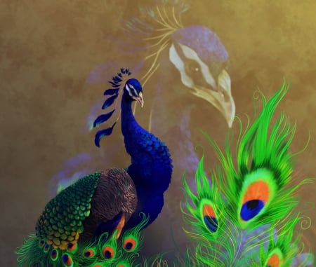 Peacock - paun, bird, blue, feather, crystal campbell, pasari, fantasy, peacock, green, art, luminos