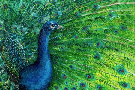 Peacock - feather, bird, paun, blue, art, edvard toth, fantasy, peacock, pasari, green