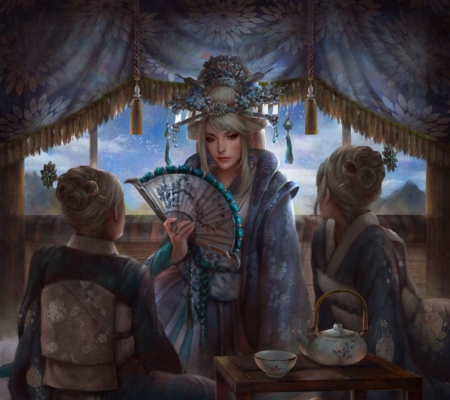 Savvy politician - sheila amajida, hand fan, girl, luminos, blue, asian, fantasy