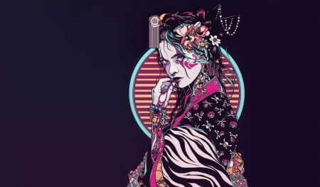 Geisha - flower, fantasy, pink, geisha, kunoichi, kimono, luminos, girl