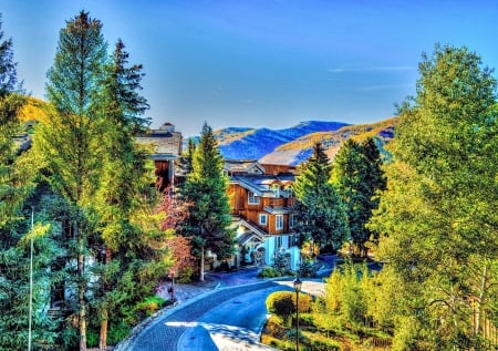 Vail, Colorado - village, trees, hdr, road, landscape, mountains, houses