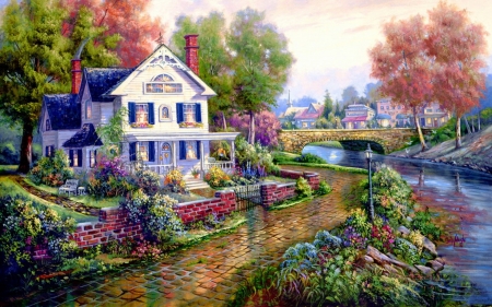 house near the river - painting, sky, trees, river, house