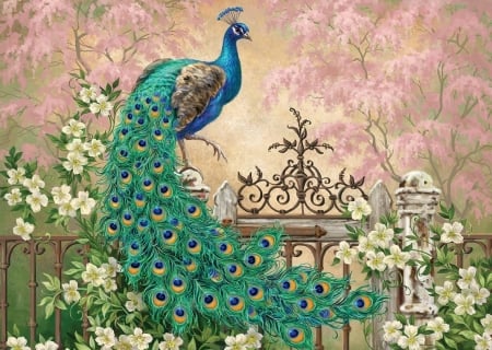 Peacock - feather, flower, bird, paun, blue, art, white, fantasy, fence, peacock, pasari, luminos