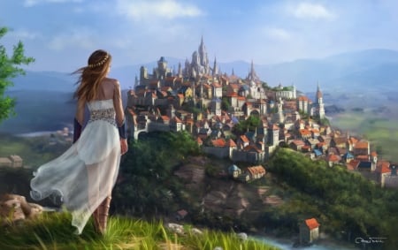 City of Corillium - fantasy, white, wind, girl, city, dennis frohlich, castle, luminos