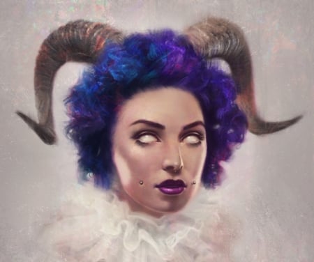 Zodiac ~ Aries - angel ganev, aries, girl, horns, fantasy, white, purple, face, zodiac, luminos