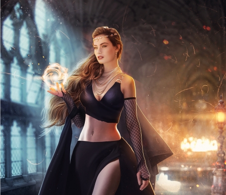 Sorceress - black, sorceress, fantasy, girl, magical, hosne qanadelo