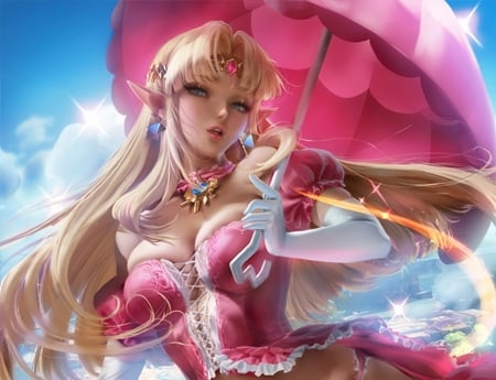 Princess Zelda - fantasy, umbrella, parasol, princess zelda, girl, blonde, sakimichan, pink