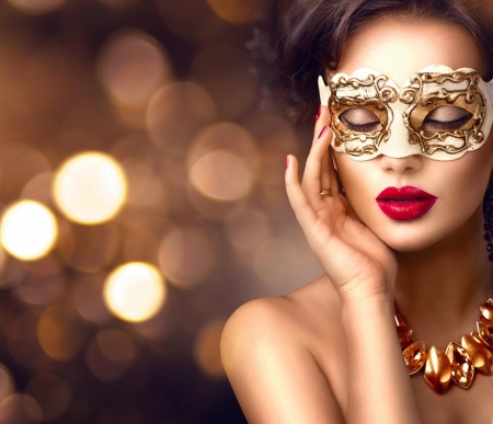 Beauty - bokeh, girl, hand, mask, woman, model, face, golden, anna subbotina