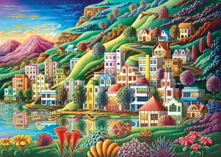 The Bay - village, houses, artwork, mountains, flowers, digital