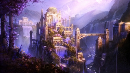 Fantasy Castle - art, building, waterfalls, mountains, towers, flowers, birds