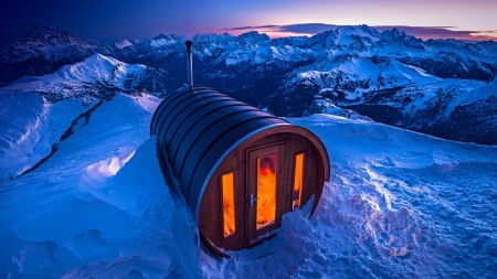 Sauna - Mountains, Sunset, Winter, Cosy, Evening, Lights, Snow, Cold, Sauna