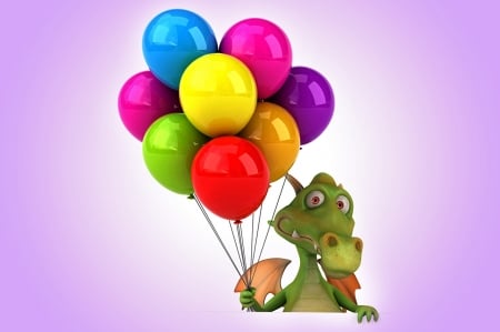 Dragon with Balloons - balloons, dragon, green, holding