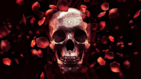 Skull and Rose Petals - Rose, Skull, Fantasy, Petals, Dark