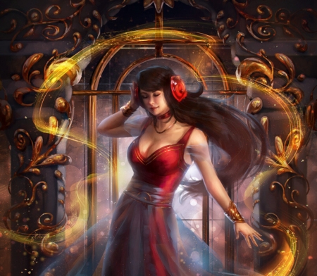 Fantasy girl - red, fantasy, ilya knyazev, luminos, girl