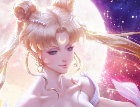 Princess Serenity - anime, blue, girl, pink, sailor moon, frumusete, manfa, fantasy, artgerm, serenity, princess, face, luminos, luna