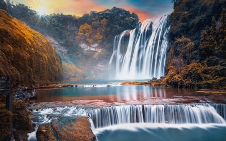 Waterfall - waterfall, china, cliffs, dawn