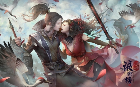 Stop a fight with a kiss - bird, girl, man, frumusete, pasari, fantasy, red, lin zheng, crane, couple, art, luminos