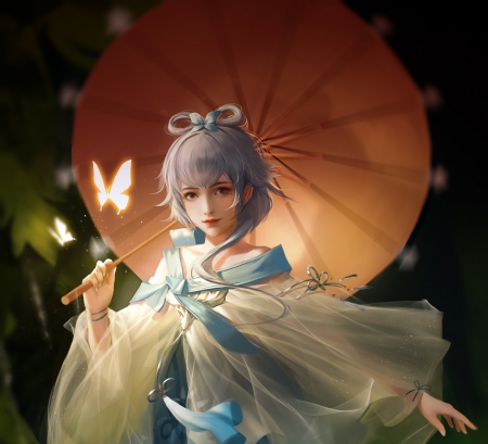 Fantasy girl - butterfly, fantasy, fly tutu, orange, luminos, girl, umbrella, parasol