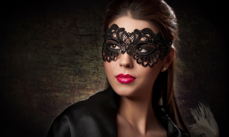 Beauty - girl, lace, pink, black, lips, mask, woman, model, face