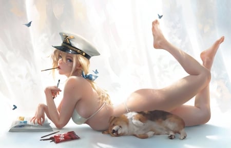 Fantasy girl - hat, swimsuit, realistic, girl, dog, g tz, frumusete, fantasy, caine, luminos