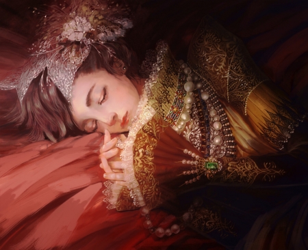 Sleeping beauty - princess, girl, jewel, fantasy, k y, sleep, hand, red, luminos, pearl