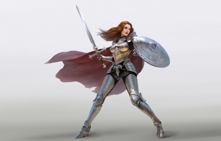 Warrior girl - red, sword, shield, yi xuan, girl, frumusete, white, warrior, fantasy, armor, luminos