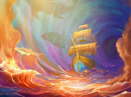 Ship - summer, blue, ship, bianca morelos, orange, frumusete, fantasy, art, vara, luminos