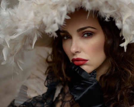 Beauty - white, woman, face, girl, hat, feather, black, model