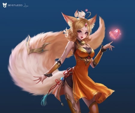 Fox girl - fantasy, blue, fox, 3q studio, girl, orange, tail, luminos