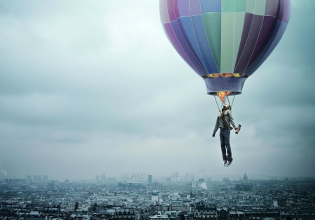 :) - hot air balloon, fantasy, blue, funny, man, creative