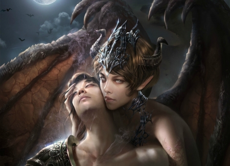 Succubus - bat, girl, succubus, frumusete, fantasy, wings, wang di, couple, luminos, abubu, demon