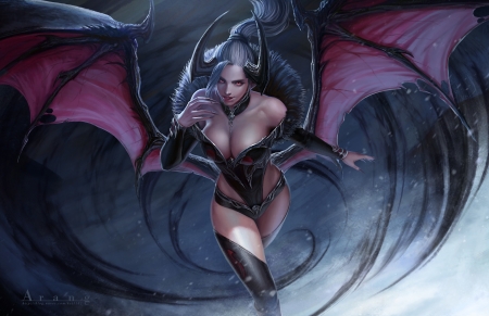 Succubus - girl, wings, fantasy, arang, taekwon kim, blue, luminos, pink, succubus, bat, demon