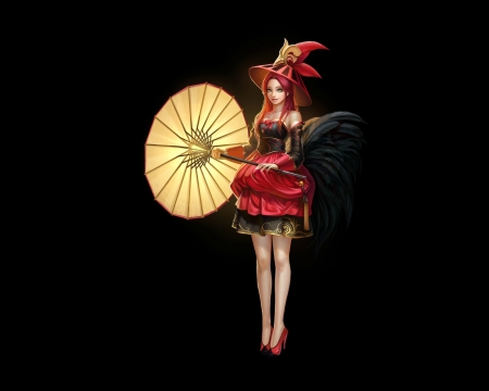 Fantasy girl - red, black, yellow, taekwon kim, girl, umbrella, witch, fantasy, arang, hat, parasol