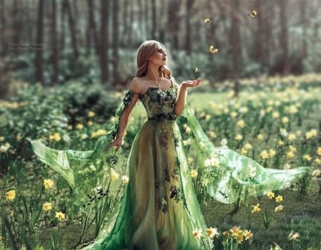 Nature Girl - pretty, women are special, butterflies, beautiful, Instagram, girl, lovely, stunning, gorgeous, breathtaking, etheral women, field, lips nails eyes hair art, Ethereal Nature Girl, female trendsetters