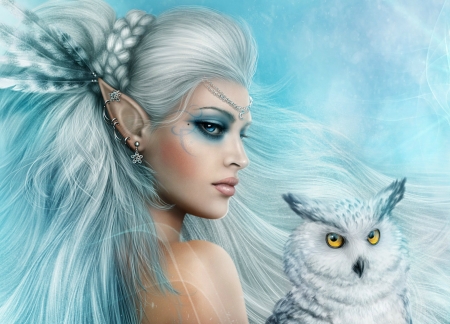 Snow Queen - bird, winter, blue, girl, bufnita, snow queen, owl, frumusete, pasari, fantasy, white, iarna, alenaekaterinburg, luminos