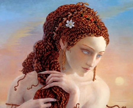 Medusa - snake, kycraft, portrait, girl, flower, medusa, fantasy, redhead, hand, face, art, luminos