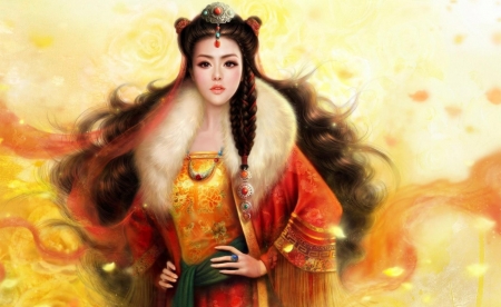 Queen - queen, mario wibisono, orange, fur, frumusete, fantasy, princess, asian, luminos